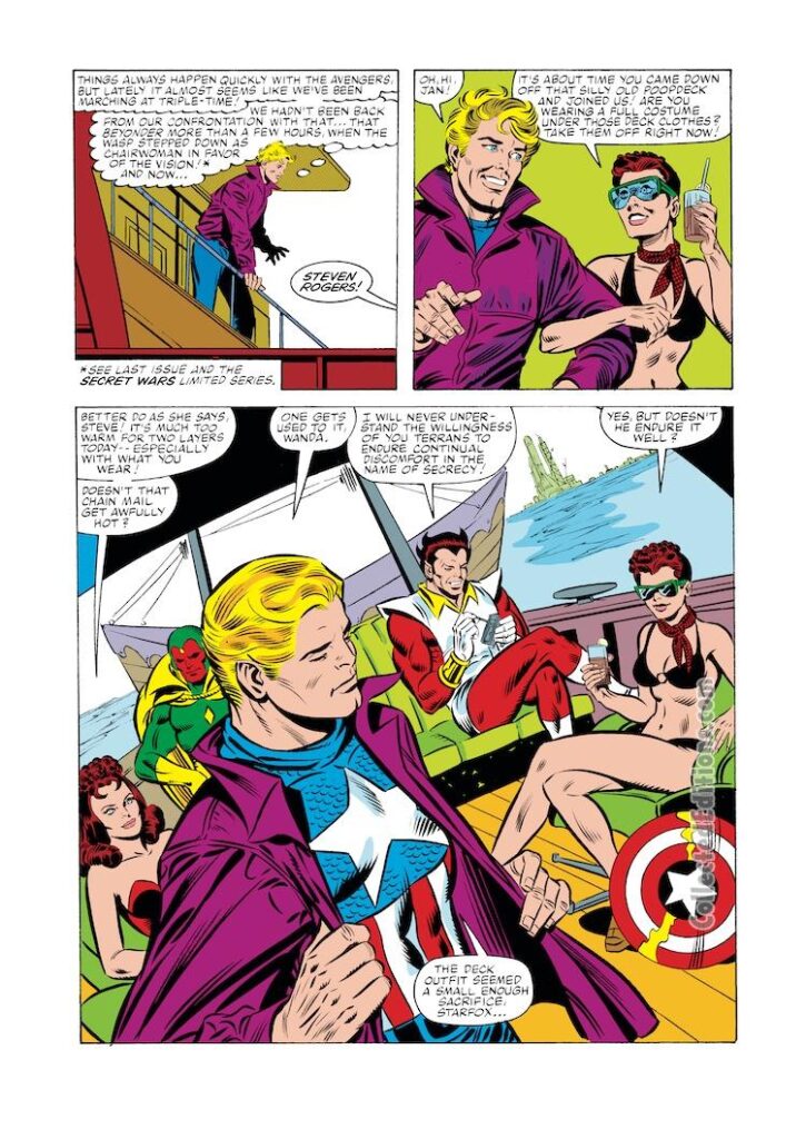 Avengers #244, pg. 3; pencils, Al Milgrom; inks, Joe Sinnott; Captain Marvel, Steve Rogers, Wasp, Starfox, Scarlet Witch, Vision