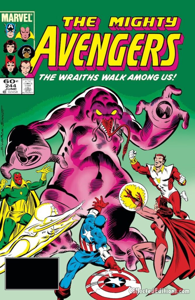 Avengers #244 cover; pencils, Al Milgrom; inks, Joe Sinnott; The Dire Wraiths Walk Among Us, Starfox, Scarlet Witch, Captain America, Captain Marvel, Monica Rambeau, Vision