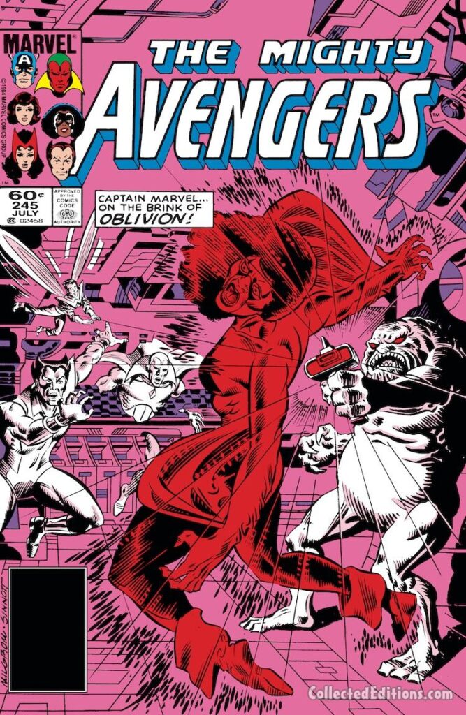 Avengers #245 cover; pencils, Al Milgrom; inks, Joe Sinnott, Captain Marvel on the Brink of Oblivion, Monica Rambeau