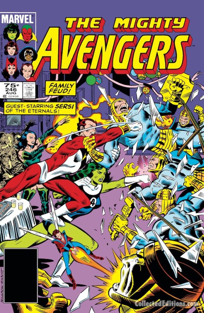 Avengers #246 cover; pencils, Al Milgrom; inks, Joe Sinnott; Family Feud, Starfox, Sersi, She-Hulk