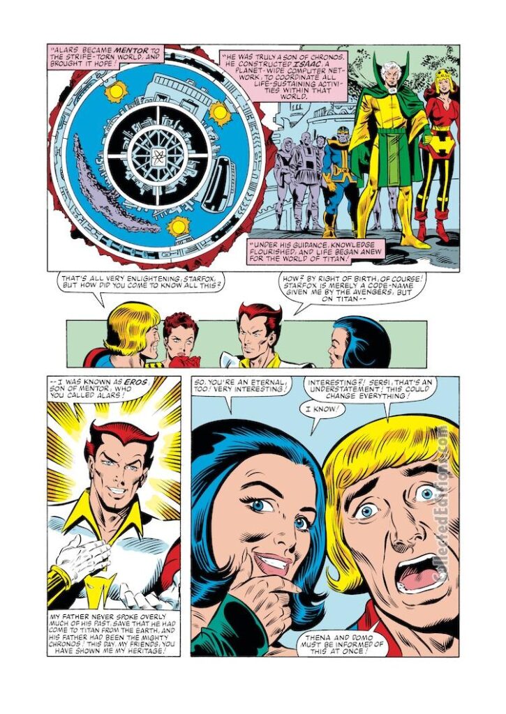 Avengers #247, pg. 13; pencils, Al Milgrom; inks, Joe Sinnott; Sersi, Starfox, Eternals, Ikaris