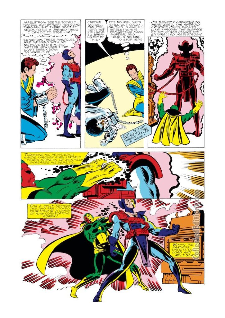 Avengers #248, pg. 7; layouts, Al Milgrom; pencils, Joe Sinnott; inks, uncredited; Maelstrom, Vision, Wasp, Janet Van Dyne