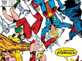 Avengers #248 cover; pencils, Al Milgrom; inks, Joe Sinnott; It&rsquo;s raining Eternals, Sersi, Ikaris, Thena, Sersi, Starfox