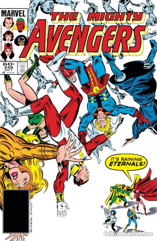 Avengers #248 cover; pencils, Al Milgrom; inks, Joe Sinnott; It’s raining Eternals, Sersi, Ikaris, Thena, Sersi, Starfox