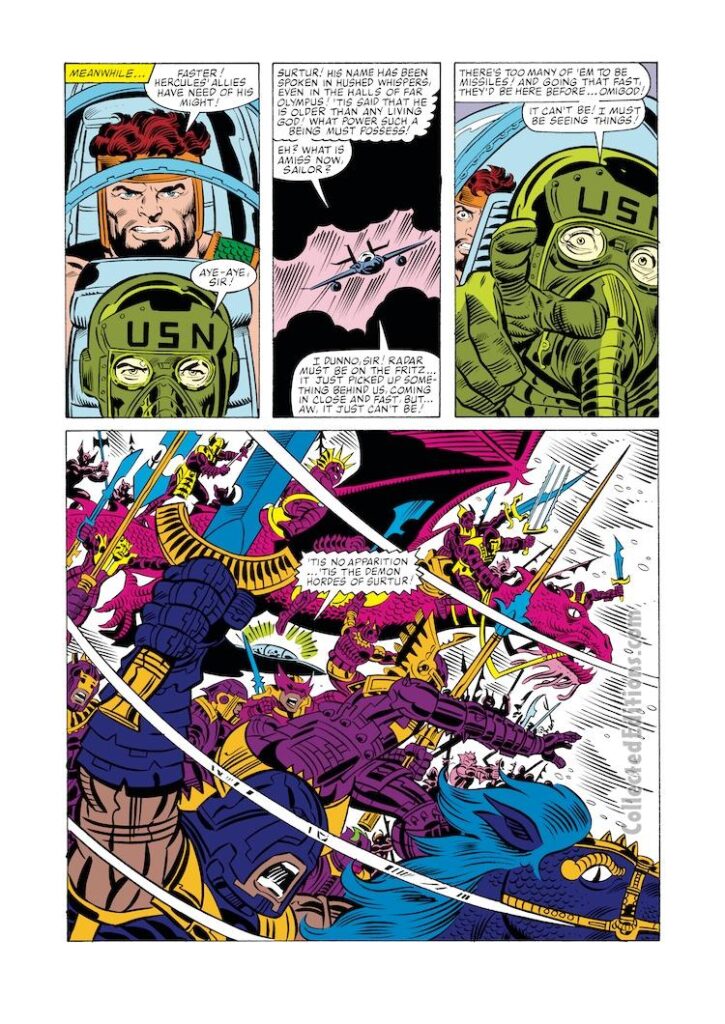 Avengers #249, pg. 8; layouts, Al Milgrom; pencils and inks, Joe Sinnott; Hercules, United States Navy fighter pilot, demon hordes of Surtur