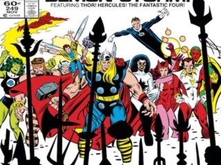 Avengers #249 cover; pencils, Al Milgrom; inks, Joe Sinnott; Demon-Storm, Thor, Hercules, Fantastic Four