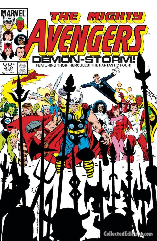 Avengers #249 cover; pencils, Al Milgrom; inks, Joe Sinnott; Demon-Storm, Thor, Hercules, Fantastic Four