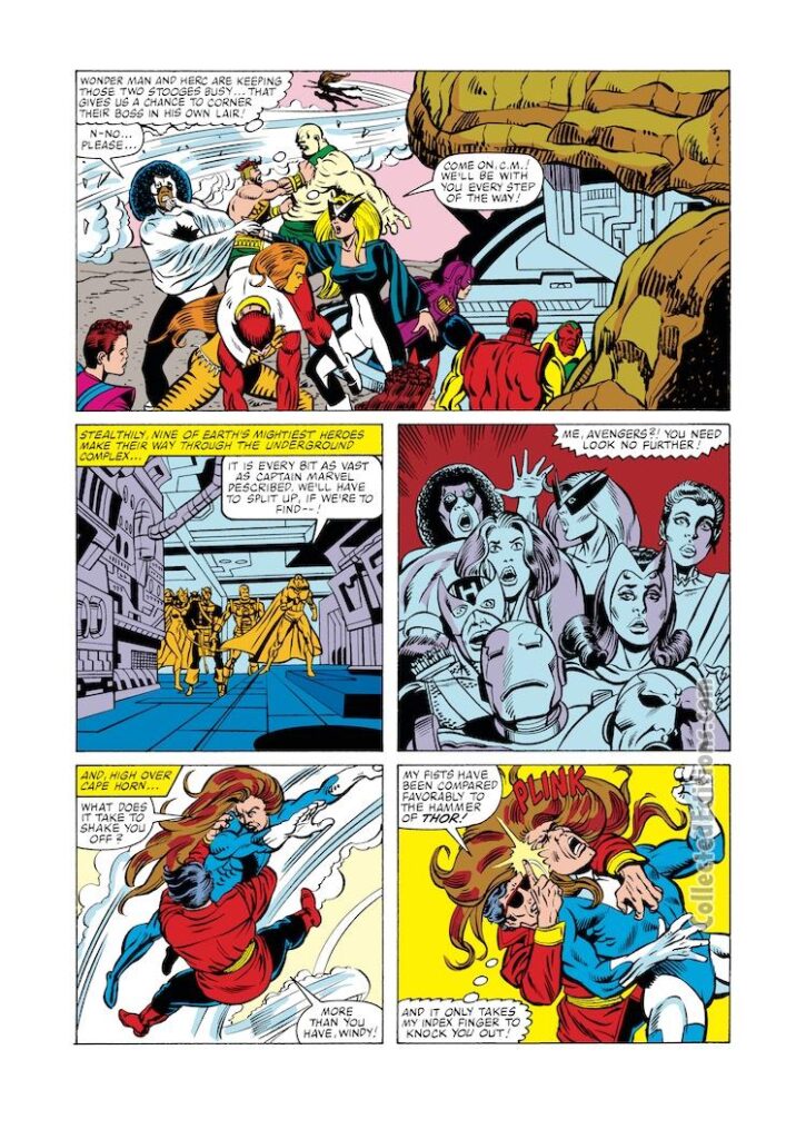 Avengers #250, pg. 24; layouts, Al Milgrom; pencils and inks, Roy Richardson; Wonder Man, Hercules, Captain Marvel, Monica RambeauIron Man, Gronk, Hello, Phobius, Maelstrom