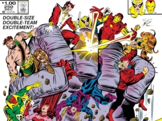 Avengers #250 cover; pencils, Al Milgrom; inks, Joe Sinnott; The Fist of Maelstrom, Double-Size, Wonder Man, Scarlet Witch