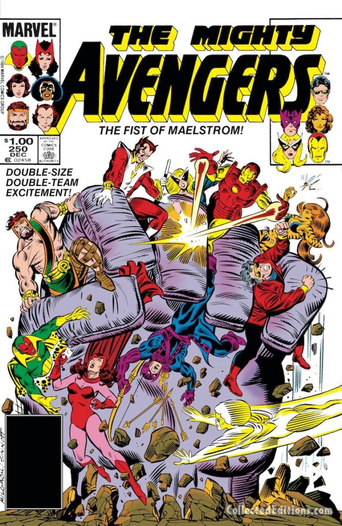 Avengers #250 cover; pencils, Al Milgrom; inks, Joe Sinnott; The Fist of Maelstrom, Double-Size, Wonder Man, Scarlet Witch