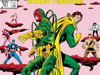 Avengers #251 cover; pencils, Bob Hall; inks, Joe Sinnott; Inner Visions, Captain America