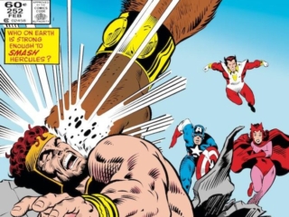 Avengers #252 cover; pencils, Bob Hall; inks, Joe Sinnott; Who on earth is strong enough to smash Hercules? Blood Brothers, Scarlet Witch