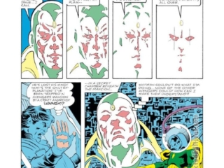 Avengers #253, pg. 10; layouts, Bob Hall; pencils and inks, Ian Akin, Brian Garvey; Vision, Dane Whitman, Black Knight