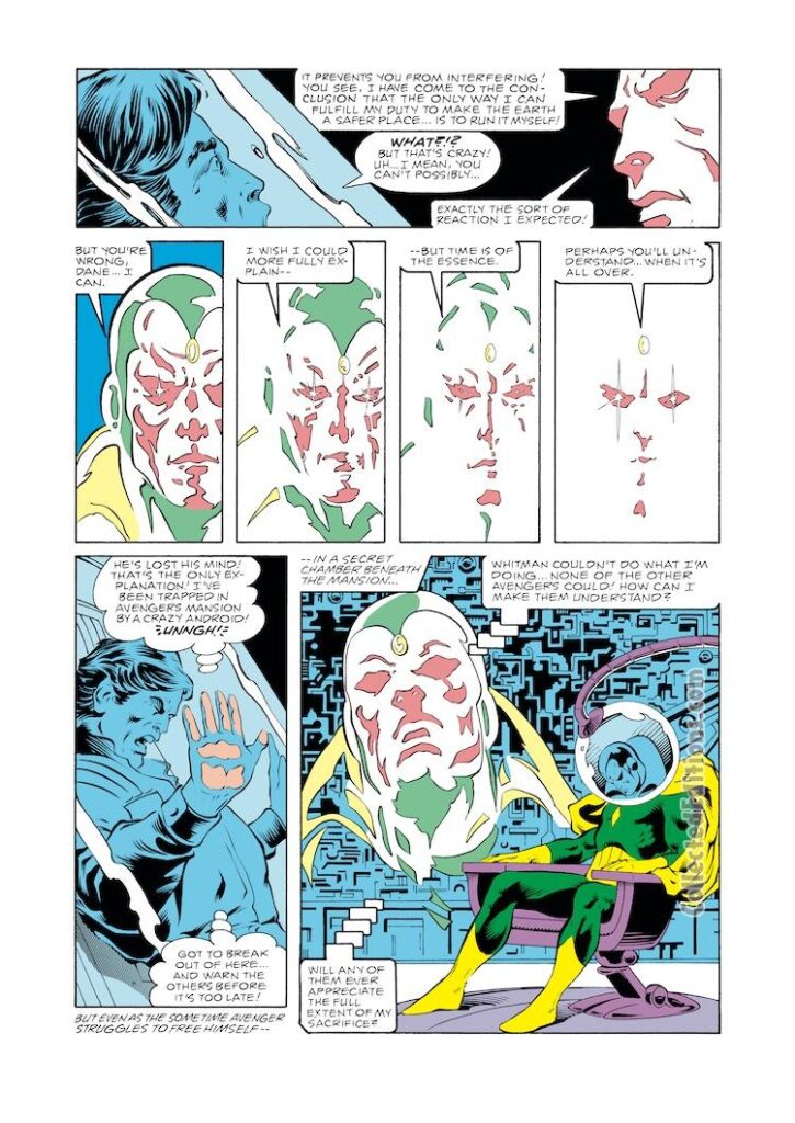 Avengers #253, pg. 10; layouts, Bob Hall; pencils and inks, Ian Akin, Brian Garvey; Vision, Dane Whitman, Black Knight