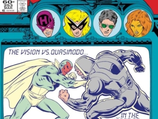 Avengers #253 cover; pencils and inks, Keith Pollard; Vision vs. Quasimodo in the heart of a machine