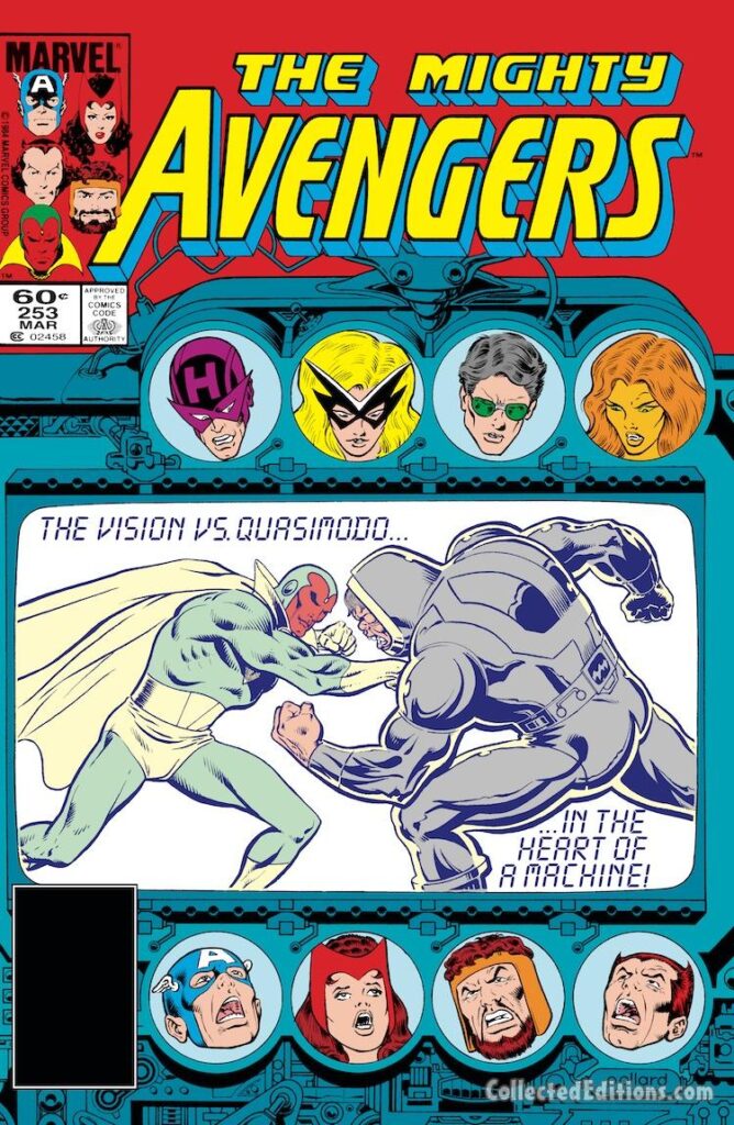 Avengers #253 cover; pencils and inks, Keith Pollard; Vision vs. Quasimodo in the heart of a machine