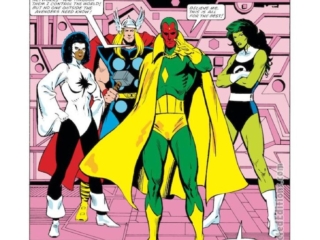 Avengers #254, pg. 1; layouts, Bob Hall; pencils and inks, Joe Delbeato, Joe Rubinstein; Absolute Vision splash page, Roger Stern, She-Hulk, Thor, Captain Marvel, Monica Rambeau