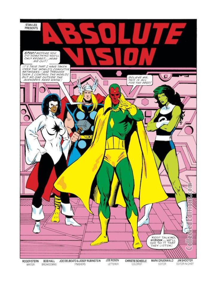 Avengers #254, pg. 1; layouts, Bob Hall; pencils and inks, Joe Delbeato, Joe Rubinstein; Absolute Vision splash page, Roger Stern, She-Hulk, Thor, Captain Marvel, Monica Rambeau