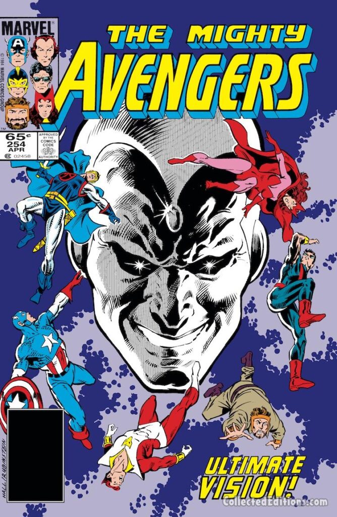 Avengers #254 cover; pencils, Bob Hall; inks, Joe Rubinstein; Ultimate Vision