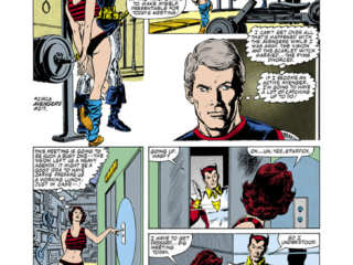 Avengers #256, pg. 5; layouts, John Buscema; pencils and inks, Tom Palmer; Janet Van Dyne, Black Knight, Dane Whitman, Starfox, Eros