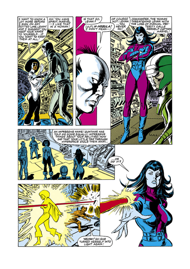 Avengers #257, pg. 11; layouts, John Buscema; pencils and inks, Tom Palmer; Nebula, Levan, Captain Marvel, Photon, Monica Rambeau