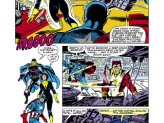 Avengers #259, pg. 8; layouts, John Buscema; pencils and inks, Tom Palmer; Wasp, Black Knight, Dane Whitman, Captain America, Starfox