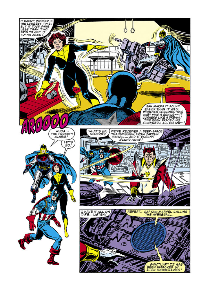 Avengers #259, pg. 8; layouts, John Buscema; pencils and inks, Tom Palmer; Wasp, Black Knight, Dane Whitman, Captain America, Starfox