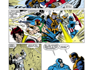 Avengers #260, pg. 16; layouts, John Buscema; pencils and inks, Tom Palmer; Thanos, Starfox, Black Knight, Captain America, Hercules