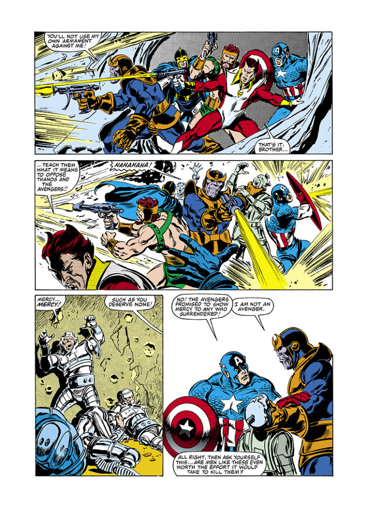 Avengers #260, pg. 16; layouts, John Buscema; pencils and inks, Tom Palmer; Thanos, Starfox, Black Knight, Captain America, Hercules