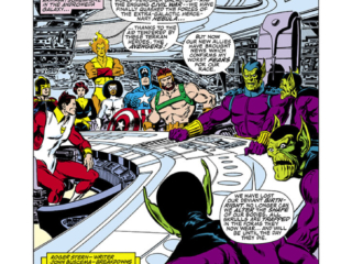 Avengers #261, pg. 1; layouts, John Buscema; pencils and inks, Tom Palmer; Hercules, Captain Marvel, Monica Rambeau, Photon, Captain America, Starfox, Black Knight, Firelord, Wasp, Earth and Beyond, Skrulls, Roger Stern, writer, splash page