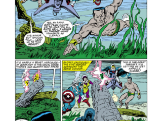 Avengers #263, pg. 15; layouts, John Buscema; pencils and inks, Tom Palmer; Namor, Sub-Mariner, Black Knight, Dane Whitman, Hercules, Captain America, Wasp, Phoenix