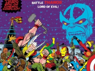 Avengers Annual #7 cover; pencils and inks, Jim Starlin; Warlock and Mar-Vell Battle Thanos Lord of Evil, Thor, Vision, Iron Man, Beast, Captain America