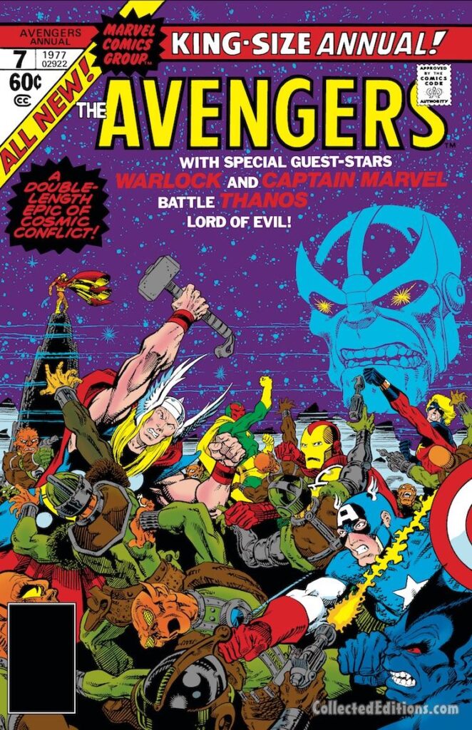 Avengers Annual #7 cover; pencils and inks, Jim Starlin; Warlock and Mar-Vell Battle Thanos Lord of Evil, Thor, Vision, Iron Man, Beast, Captain America