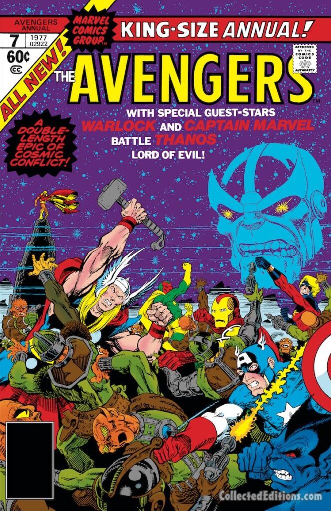 Avengers Annual #7 cover; pencils and inks, Jim Starlin; Thanos, Adam Warlock, Captain Marvel, Mar-Vell, Captain America, Beast, Thor, Iron Man, Vision