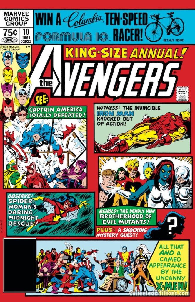 Avengers Annual #10 cover; pencils and inks, Al Milgrom; Mystique, Brotherhood of Evil Mutants, Iron Man, Captain America, Spider-Woman, Jessica Drew, Captain Marvel, Carol Danvers, Uncanny X-Men
