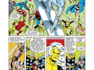 Avengers Annual #11, pg. 19; pencils, Al Milgrom; inks, Jack Abel, Silver Surfer, Nebula, Defenders