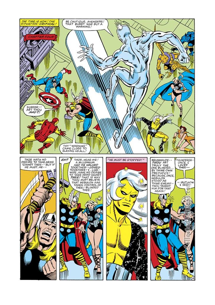 Avengers Annual #11, pg. 19; pencils, Al Milgrom; inks, Jack Abel, Silver Surfer, Nebula, Defenders
