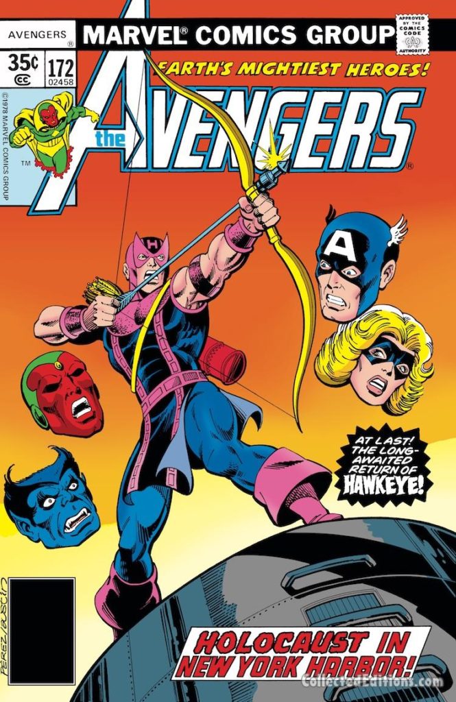 Avengers #172 cover; pencils, George Pérez; inks, Terry Austin; Hawkeye