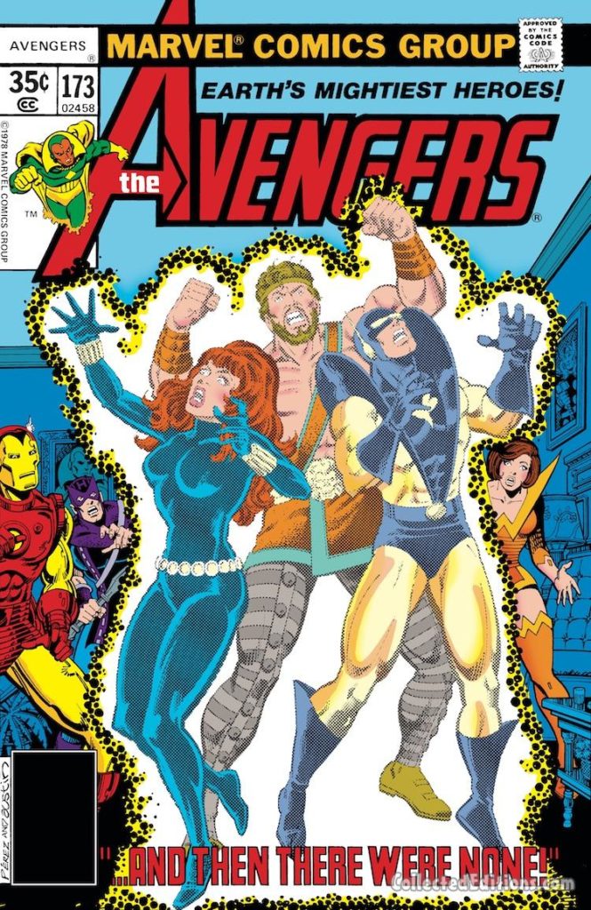 Avengers #173 cover; pencils, George Pérez; inks, Terry Austin; Yellowjacket, Black Widow, Hercules