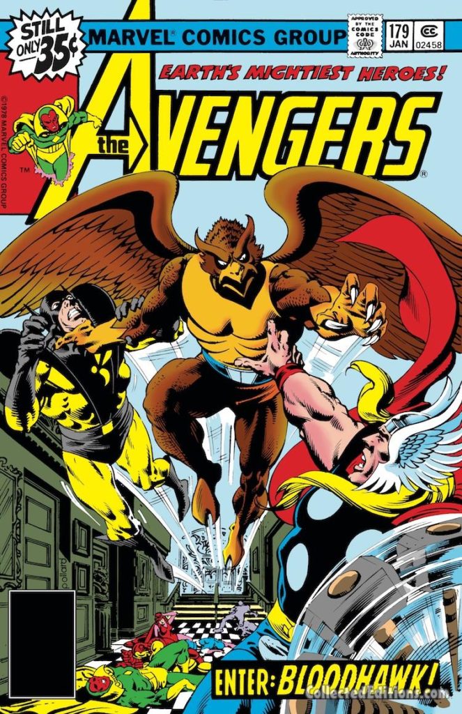 Avengers #179 cover; pencils, Keith Pollard; inks, Rudy Nebres; Bloodhawk