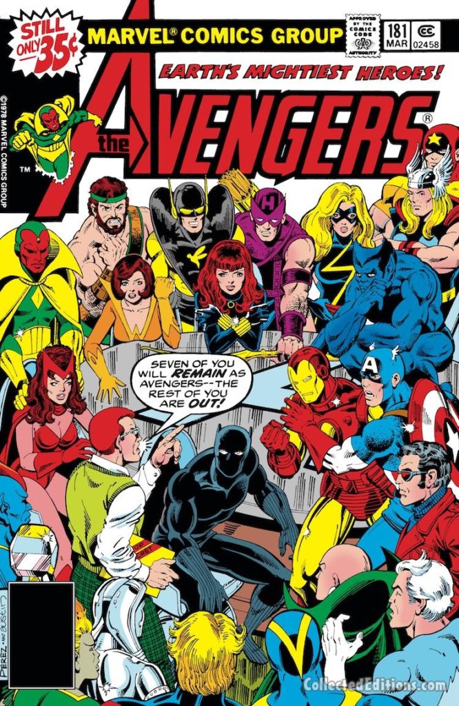 Avengers #181 cover; pencils, George Pérez; inks, Terry Austin; The Old Order Changeth, Henry Peter Gyrich