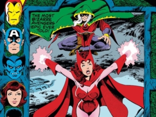 Avengers #186 cover; pencils, John Byrne; inks, Terry Austin; Scarlet Witch, Mordred the Mystic