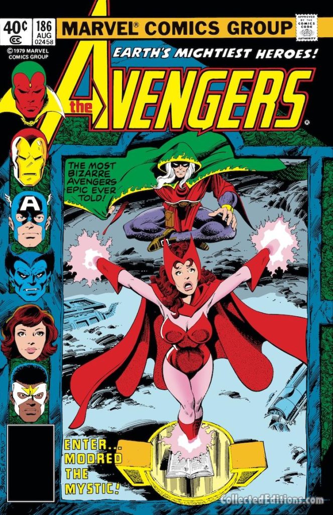Avengers #186 cover; pencils, John Byrne; inks, Terry Austin; Scarlet Witch, Mordred the Mystic