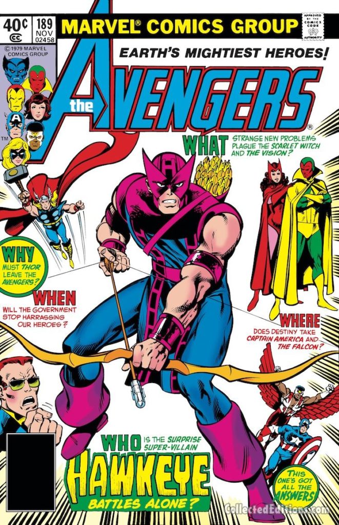 Avengers #189 cover; pencils, John Byrne; inks, Dan Green; Hawkeye