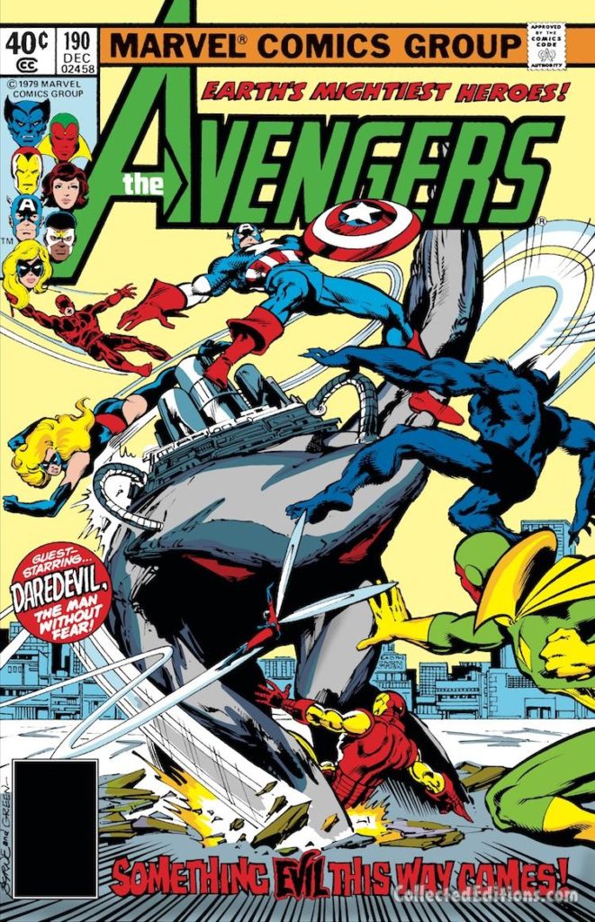 Avengers #190 cover; pencils, John Byrne; inks, Dan Green; Daredevil