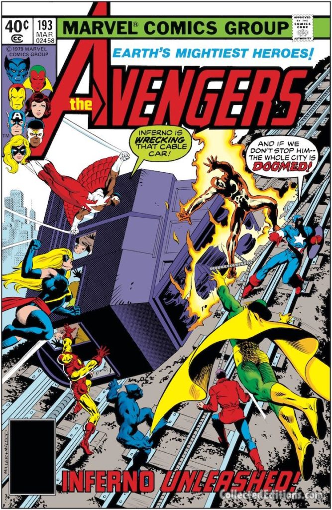 Avengers #193 cover; pencils, Frank Miller; inks, Bob McLeod; Falcon, Inferno