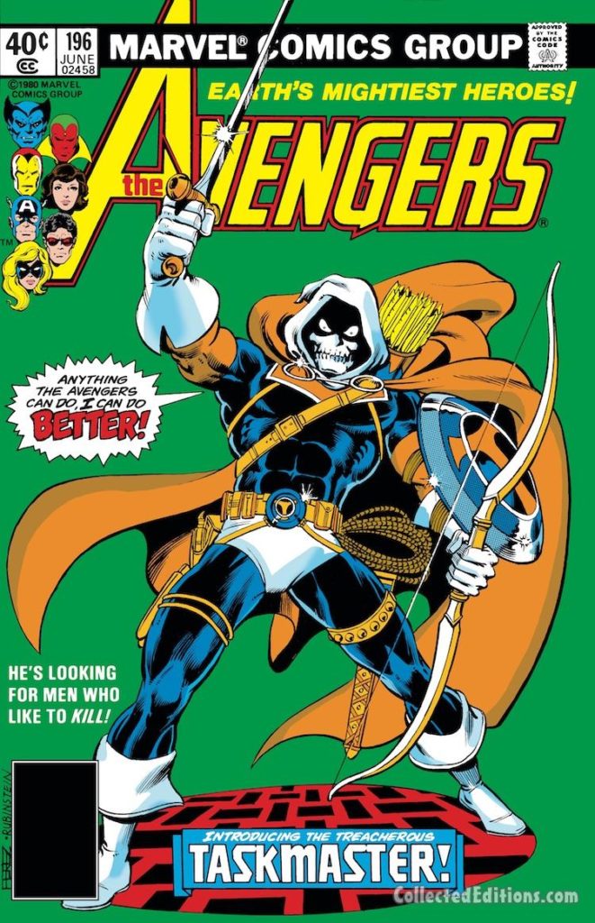 Avengers #196 cover; pencils, George Pérez; inks, Joe Rubinstein; first appearance of Taskmaster