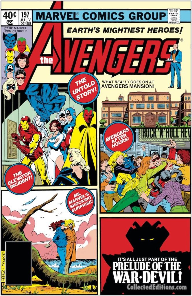 Avengers #197 cover; pencils, George Pérez; inks, Bob McLeod; Avengers Mansion