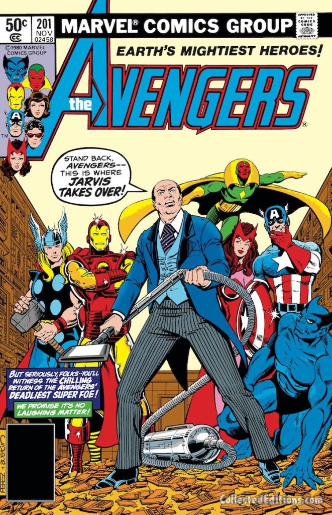 Avengers #201 cover; pencils, George Pérez; inks, Terry Austin; Jarvis, butler, Avengers Mansion