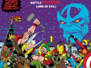 Avengers Annual #7 cover; pencils and inks, Jim Starlin; Thanos, Thor, Captain America, Iron Man, The Vision